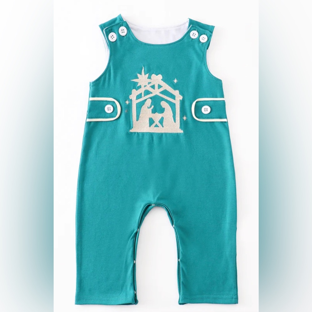 Host Pick 🎄Honey bean teal green nativity embroidered longall/romper NWT